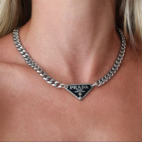 silver prada necklace|prada silver tag necklace.